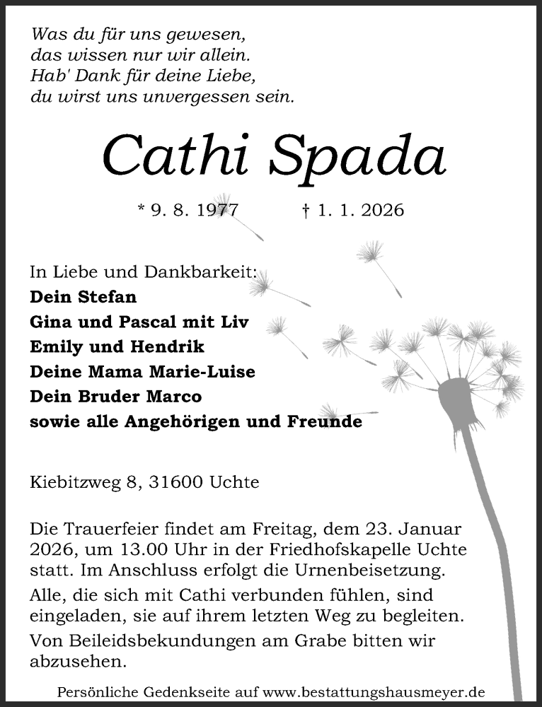 Traueranzeige für Cathi Spada vom 10.01.2026 aus Die Harke
