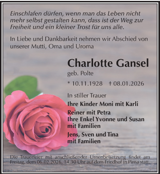 Traueranzeige von Charlotte Gansel von Sächsische Zeitung