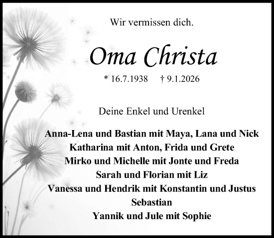 Traueranzeige von Christa  von Die Harke