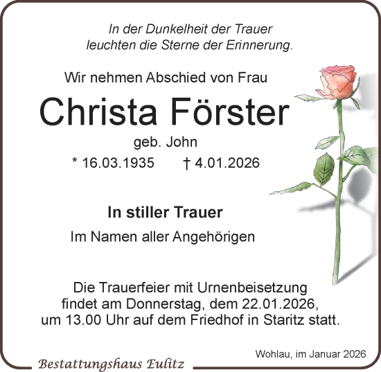Traueranzeige von Christa Förster von Torgauer Zeitung