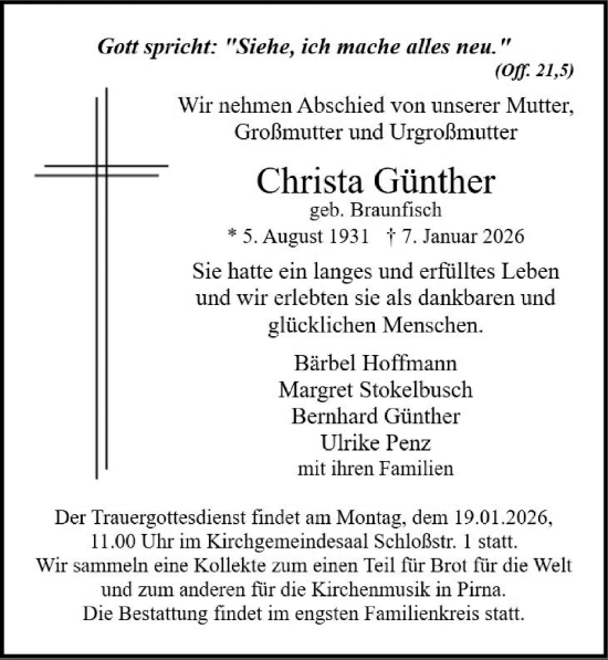 Traueranzeige von Christa Günther von Sächsische Zeitung
