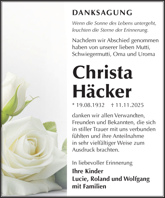 Traueranzeige von Christa Häcker von Sächsische Zeitung