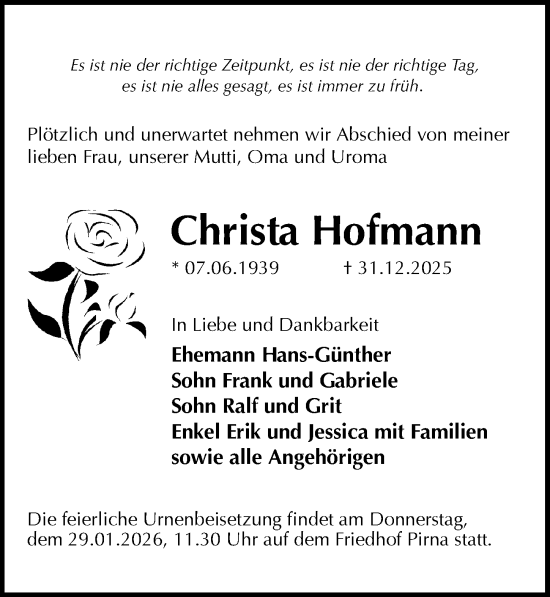 Traueranzeige von Christa Hofmann von Sächsische Zeitung