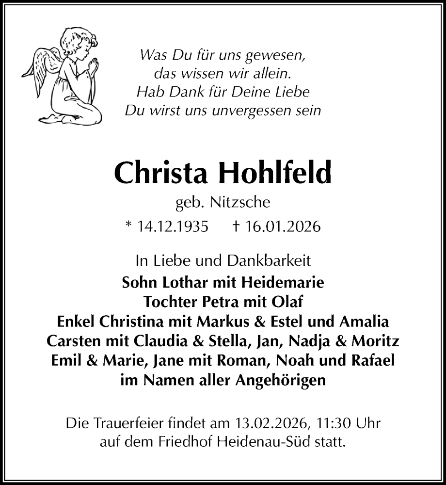  Traueranzeige für Christa Hohlfeld vom 31.01.2026 aus Sächsische Zeitung