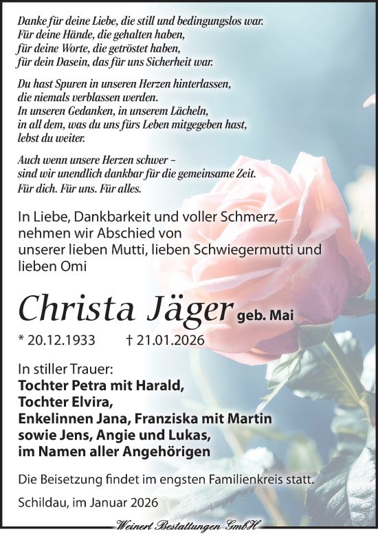 Traueranzeige von Christa Jäger von Torgauer Zeitung