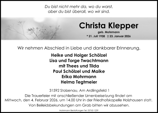 Traueranzeige von Christa Klepper von Die Harke