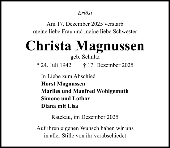 Traueranzeige von Christa Magnussen von Lübecker Nachrichten