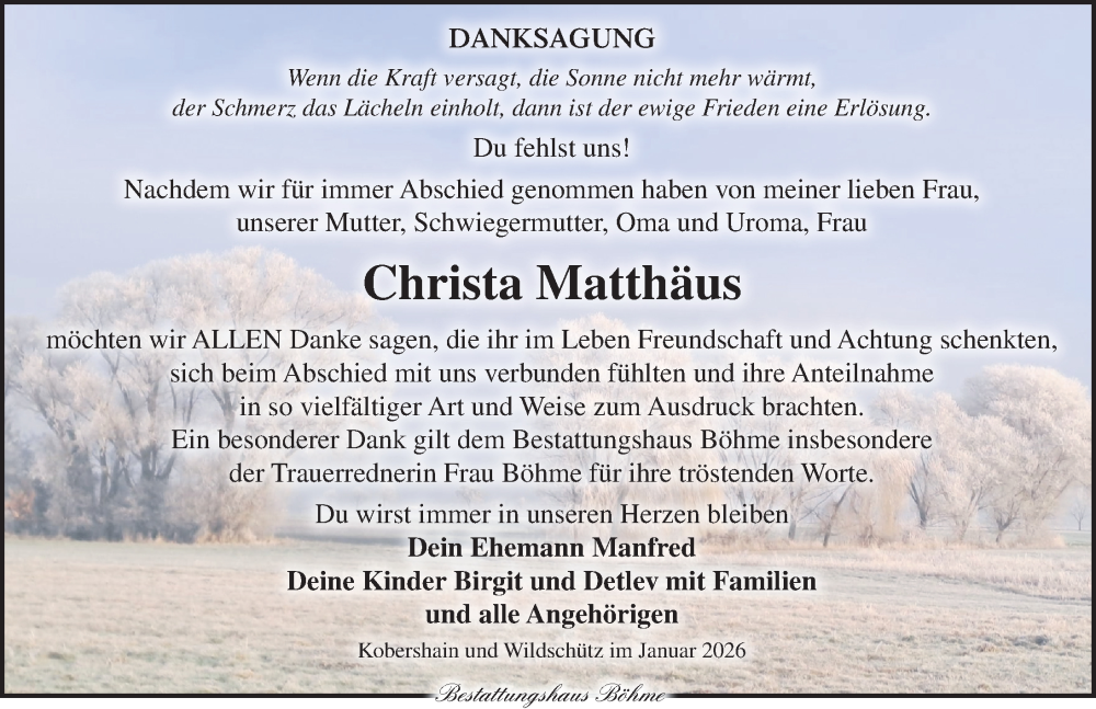  Traueranzeige für Christa Matthäus vom 10.01.2026 aus Torgauer Zeitung