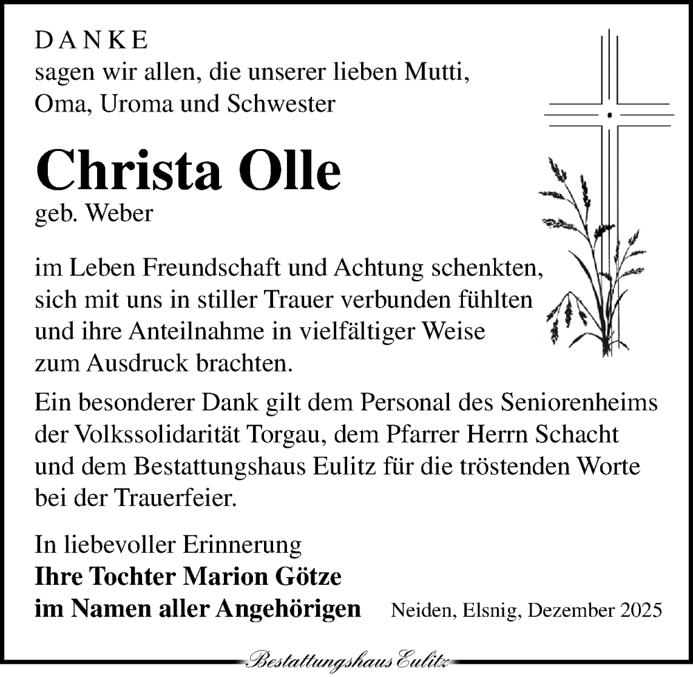  Traueranzeige für Christa Olle vom 10.01.2026 aus Torgauer Zeitung