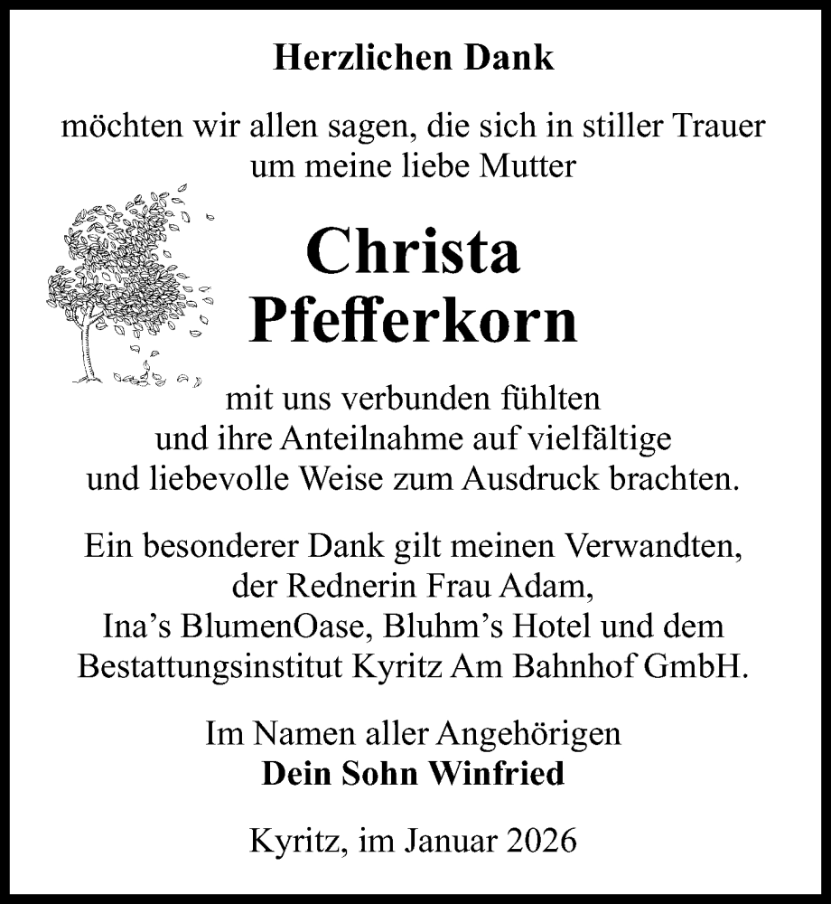  Traueranzeige für Christa Pfefferkorn vom 31.01.2026 aus Wochenspiegel