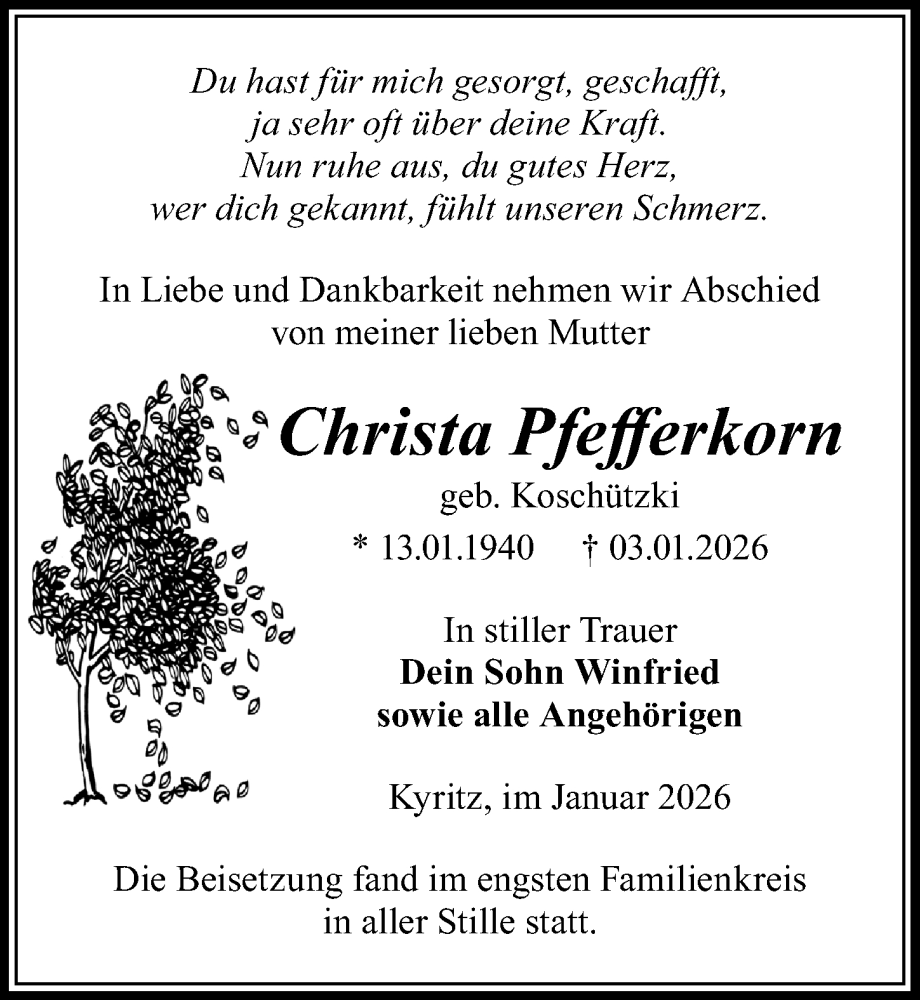  Traueranzeige für Christa Pfefferkorn vom 17.01.2026 aus Wochenspiegel