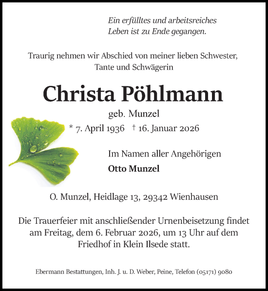 Traueranzeige von Christa Pöhlmann von Peiner Allgemeine Zeitung