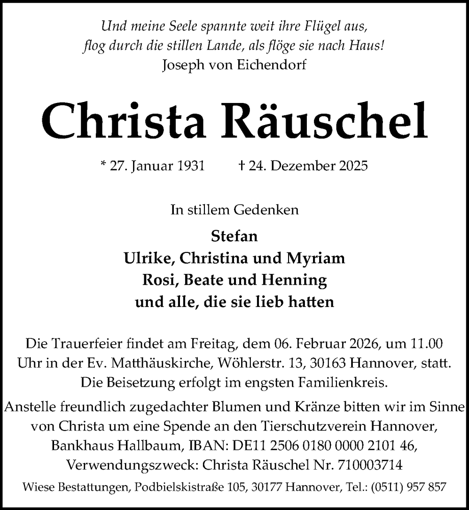  Traueranzeige für Christa Räuschel vom 31.01.2026 aus Hannoversche Allgemeine Zeitung/Neue Presse