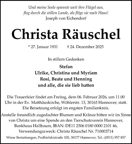 Traueranzeige von Christa Räuschel von Hannoversche Allgemeine Zeitung/Neue Presse
