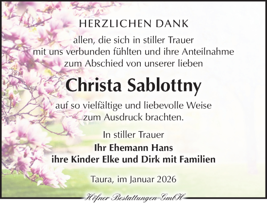 Traueranzeige von Christa Sablottny von Torgauer Zeitung