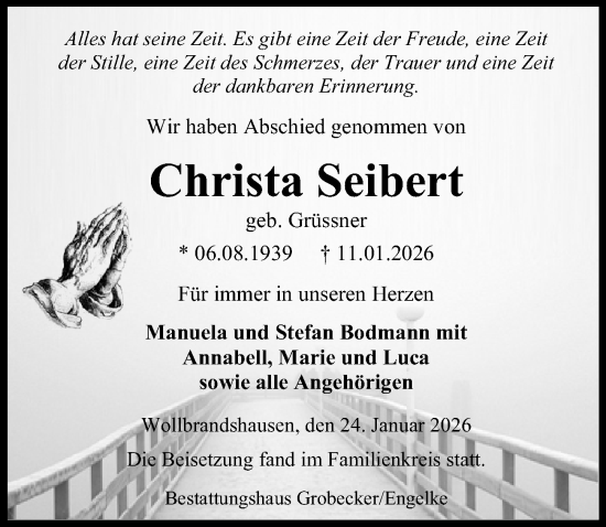 Traueranzeige von Christa Seibert von Eichsfelder Tageblatt