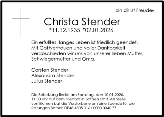 Traueranzeige von Christa Stender von Täglicher Anzeiger Holzminden