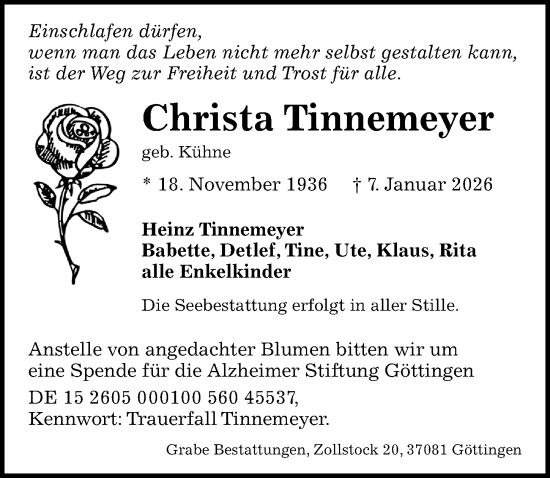 Traueranzeige von Christa Tinnemeyer von Göttinger Tageblatt