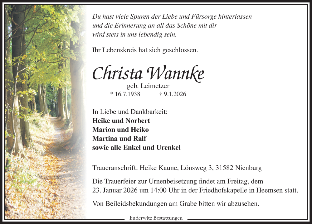  Traueranzeige für Christa Wannke vom 17.01.2026 aus Die Harke