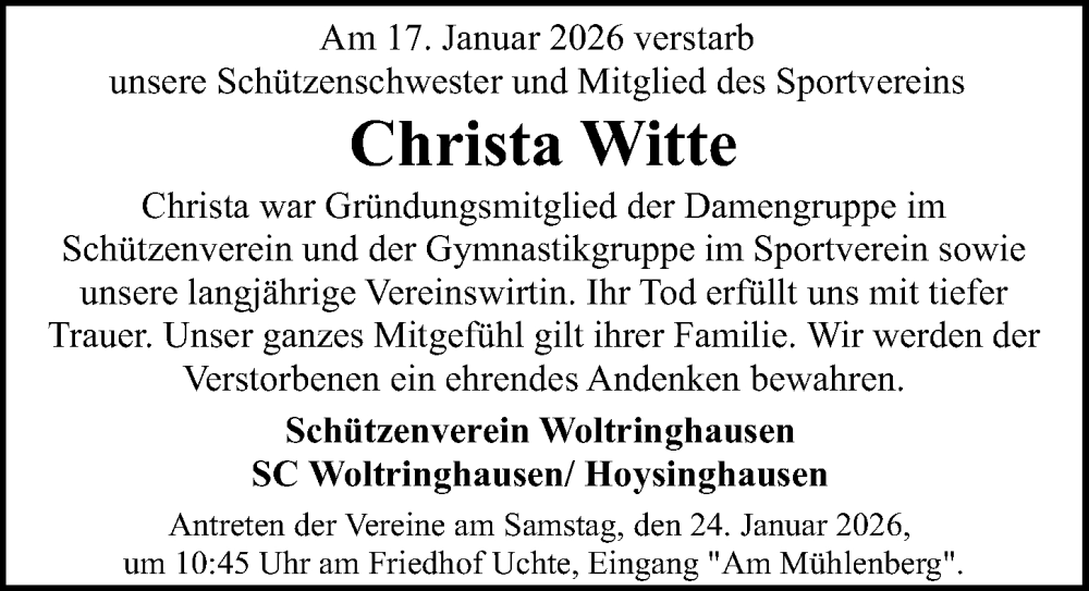  Traueranzeige für Christa Witte vom 21.01.2026 aus Die Harke