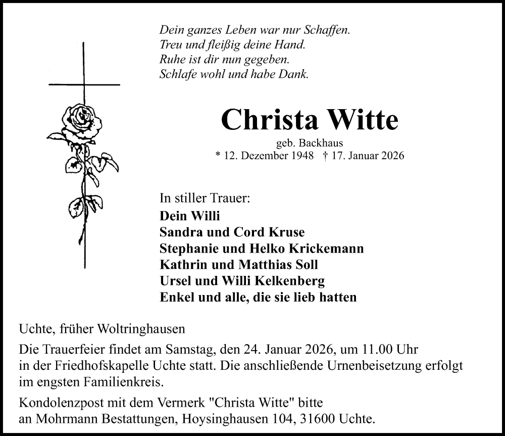  Traueranzeige für Christa Witte vom 21.01.2026 aus Die Harke