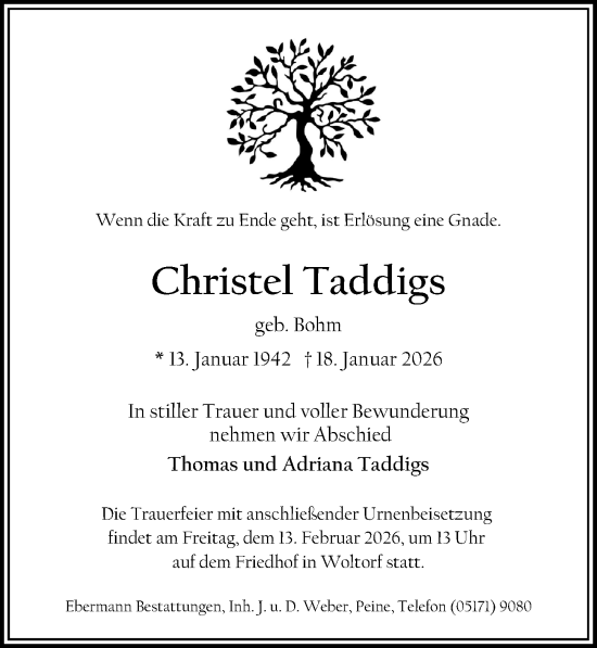 Traueranzeige von Christel Taddigs von Peiner Allgemeine Zeitung
