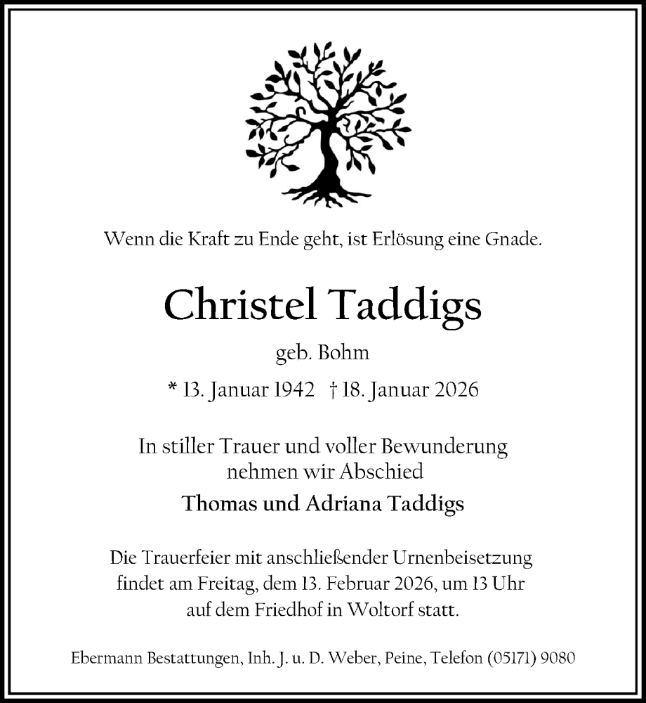  Traueranzeige für Christel Taddigs vom 24.01.2026 aus Peiner Allgemeine Zeitung