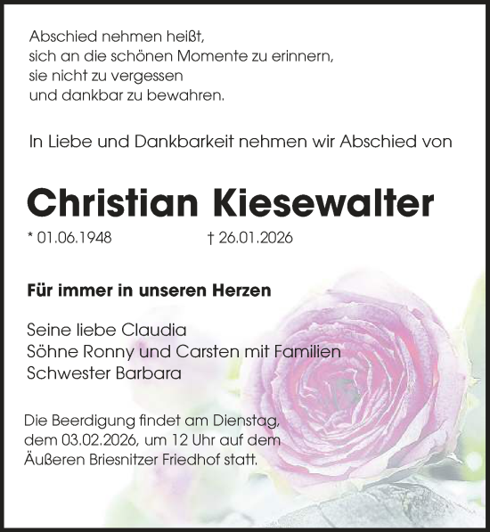 Traueranzeige von Christian Kiesewalter von Sächsische Zeitung