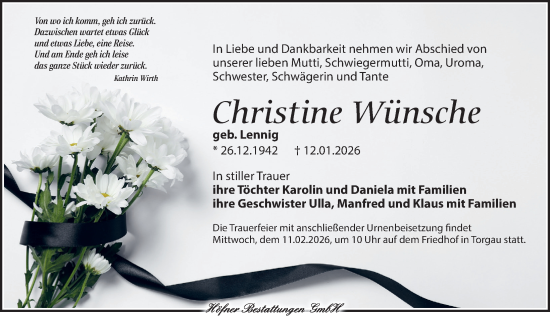 Traueranzeige von Christine Wünsche von Torgauer Zeitung