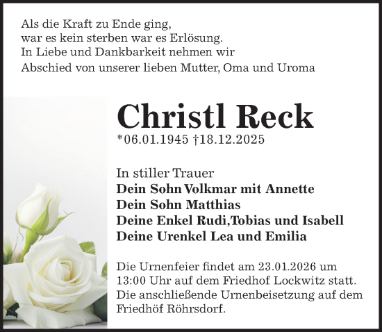 Traueranzeige von Christl Reck von Sächsische Zeitung