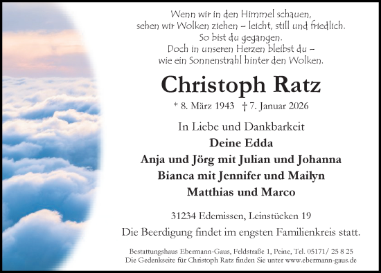 Traueranzeige von Christoph Ratz von Peiner Allgemeine Zeitung