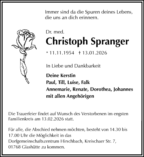 Traueranzeige von Christoph Spranger von Sächsische Zeitung