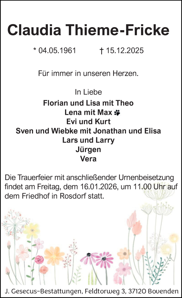  Traueranzeige für Claudia Thieme-Fricke vom 10.01.2026 aus Göttinger Tageblatt