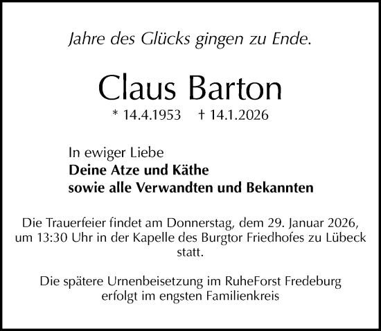 Traueranzeige von Claus Barton von Lübecker Nachrichten