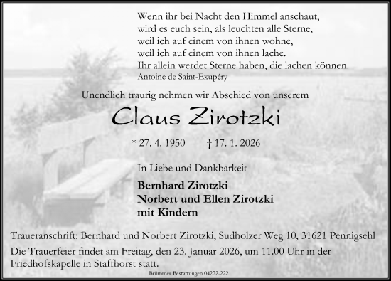 Traueranzeige von Claus Zirotzki von Die Harke