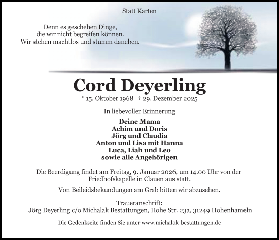 Traueranzeige von Cord Deyerling von Peiner Allgemeine Zeitung