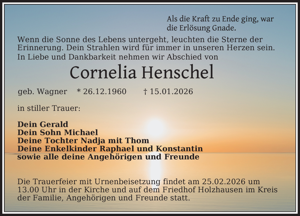  Traueranzeige für Cornelia Henschel vom 31.01.2026 aus Leipziger Volkszeitung