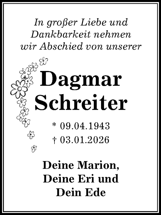 Traueranzeige von Dagmar Schreiter von Sächsische Zeitung
