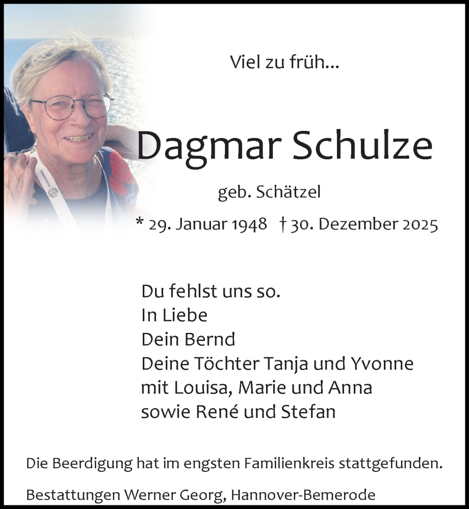  Traueranzeige für Dagmar Schulze vom 10.01.2026 aus Hannoversche Allgemeine Zeitung/Neue Presse