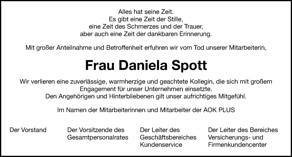  Traueranzeige für Daniela Spott vom 30.01.2026 aus Leipziger Volkszeitung