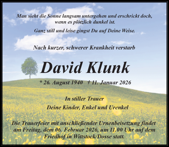 Traueranzeige von David Klunk von Wochenspiegel