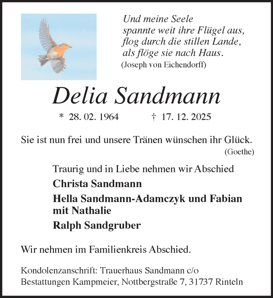  Traueranzeige für Delia Sandmann vom 17.01.2026 aus Schaumburger Nachrichten und Schaumburger Zeitung/ Landes-Zeitung