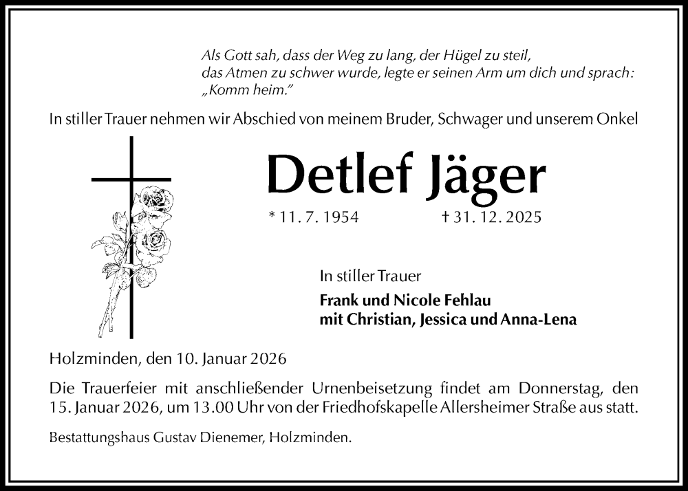  Traueranzeige für Detlef Jäger vom 10.01.2026 aus Täglicher Anzeiger Holzminden