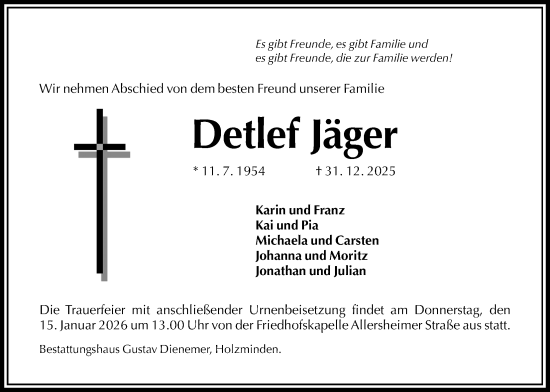 Traueranzeige von Detlef Jäger von Täglicher Anzeiger Holzminden