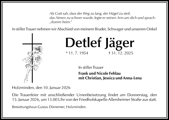 Traueranzeige von Detlef Jäger von Täglicher Anzeiger Holzminden