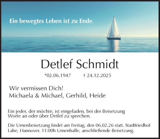 Traueranzeige von Detlef Schmidt von Hannoversche Allgemeine Zeitung/Neue Presse