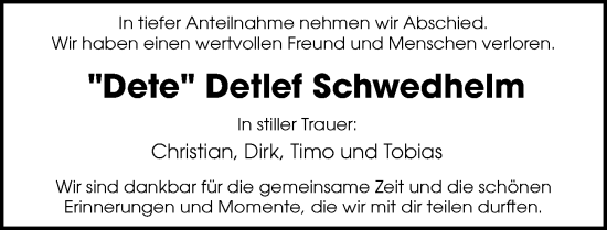 Traueranzeige von Detlef Schwedhelm von Göttinger Tageblatt