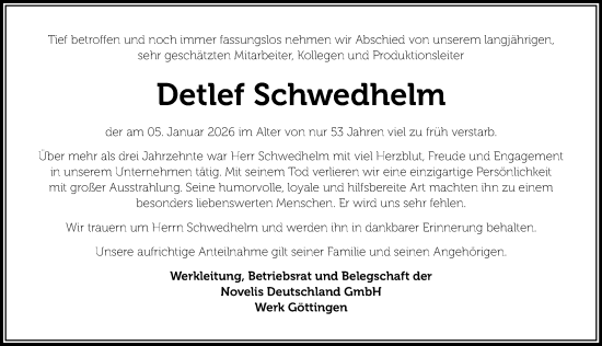Traueranzeige von Detlef Schwedhelm von Göttinger Tageblatt