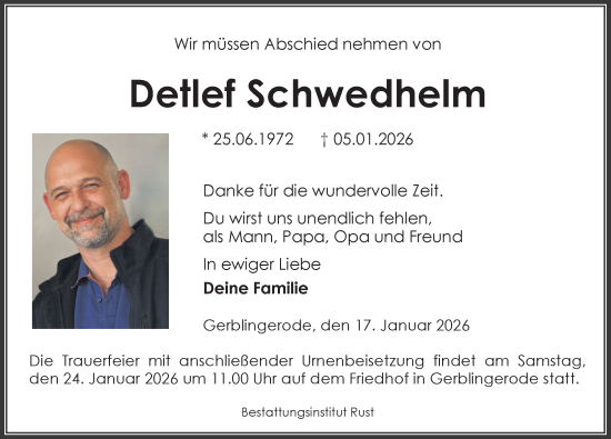 Traueranzeige von Detlef Schwedhelm von Eichsfelder Tageblatt