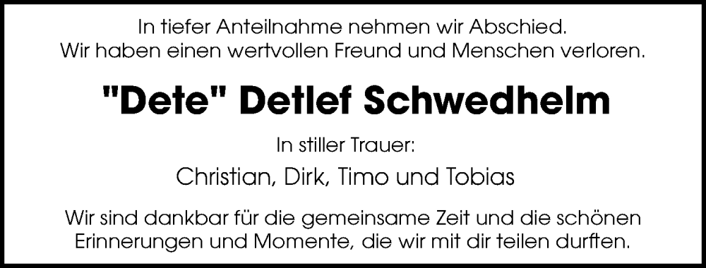  Traueranzeige für Detlef Schwedhelm vom 17.01.2026 aus Göttinger Tageblatt